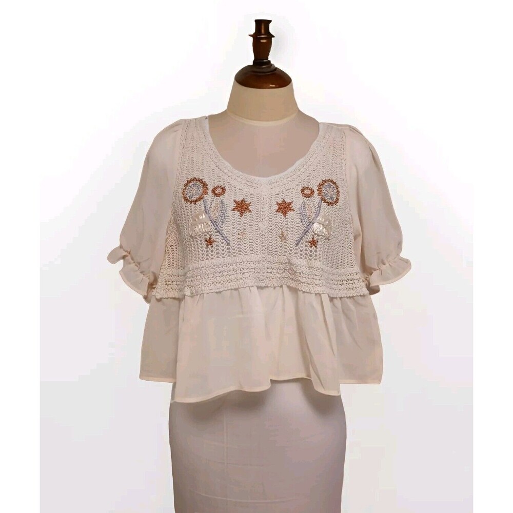 NWT Baby Doll Korean Boho Sheer Crochet Top/Blouse with Embroidery for Women-S